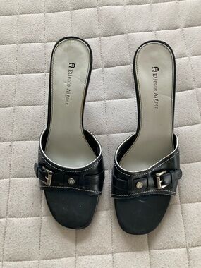 Etienne Aigner Women’s Black Leather Buckle Slide Mules 3” heel